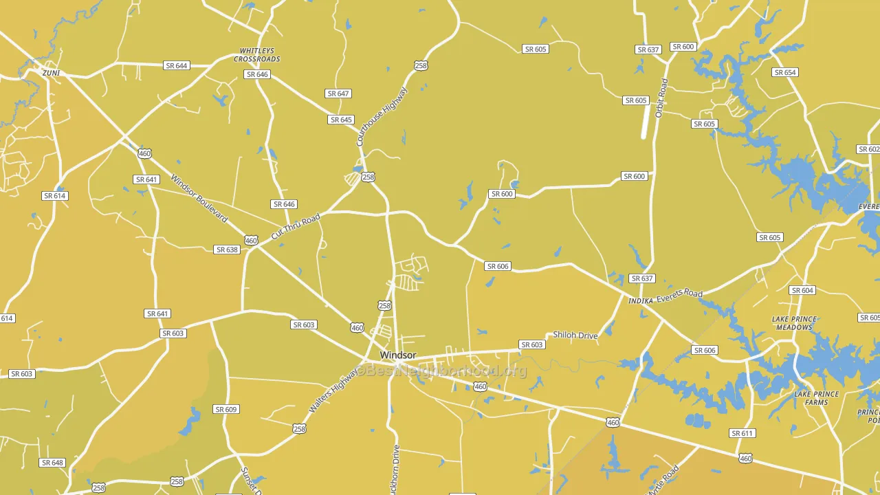 Map of the best neighborhoods in the Windsor area, with better matches in green and worse matches in red