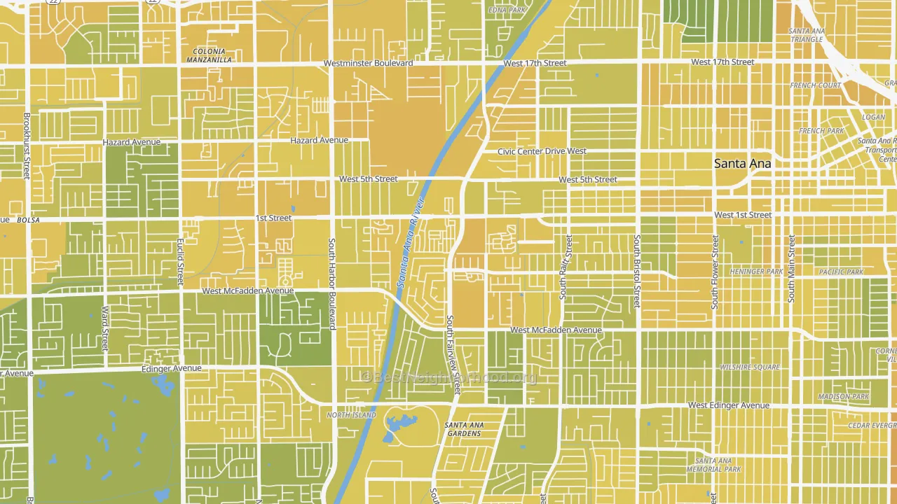 Map of the best neighborhoods in the Windsor Village North, Santa Ana area, with better matches in green and worse matches in red