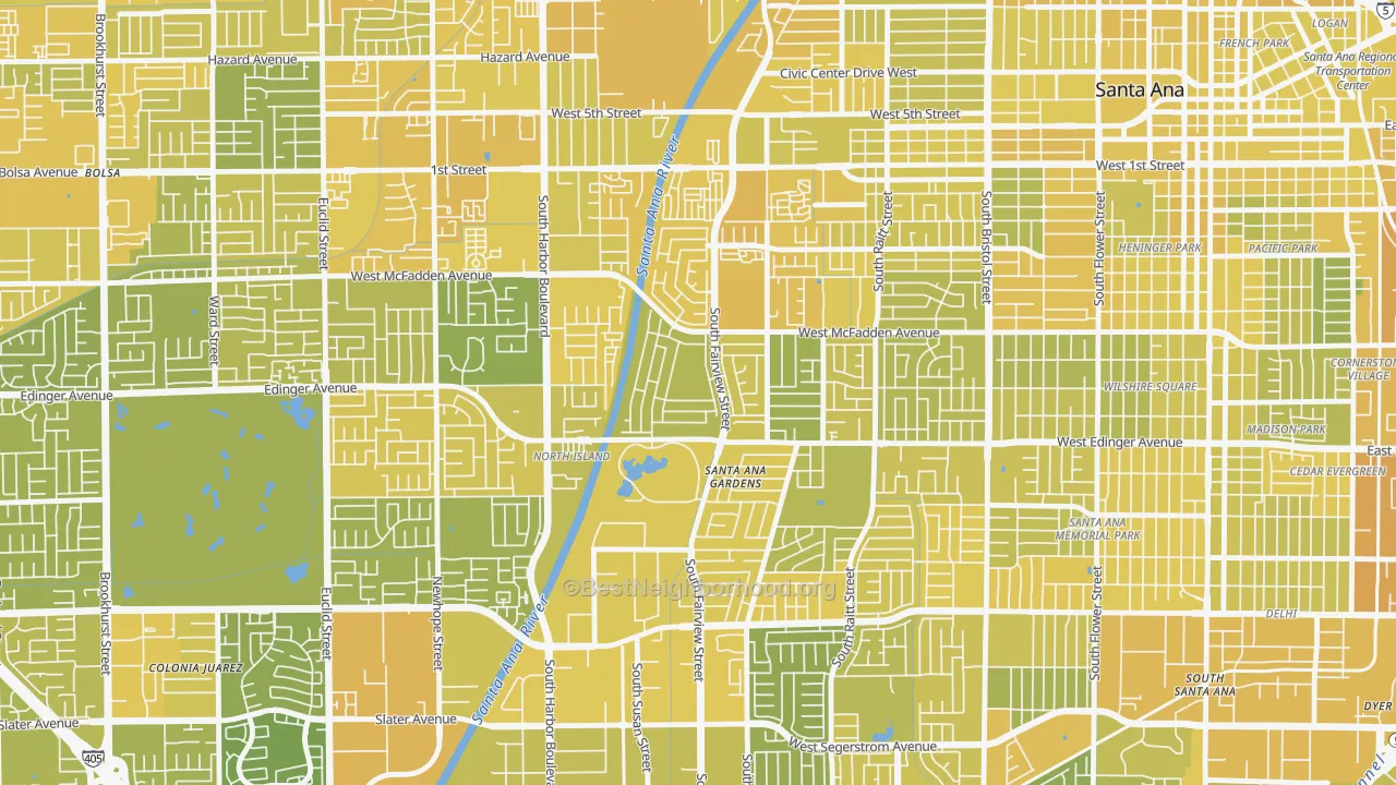 Map of the best neighborhoods in the Windsor Village, Santa Ana area, with better matches in green and worse matches in red