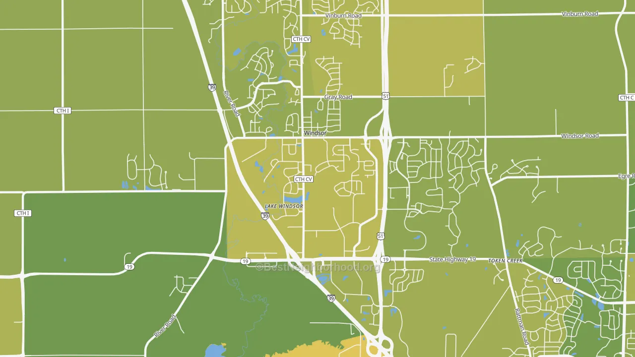 Map of the best neighborhoods in the Windsor area, with better matches in green and worse matches in red