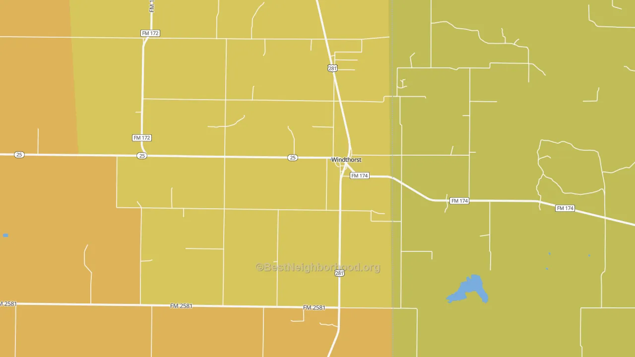 Map of the best neighborhoods in the Windthorst area, with better matches in green and worse matches in red