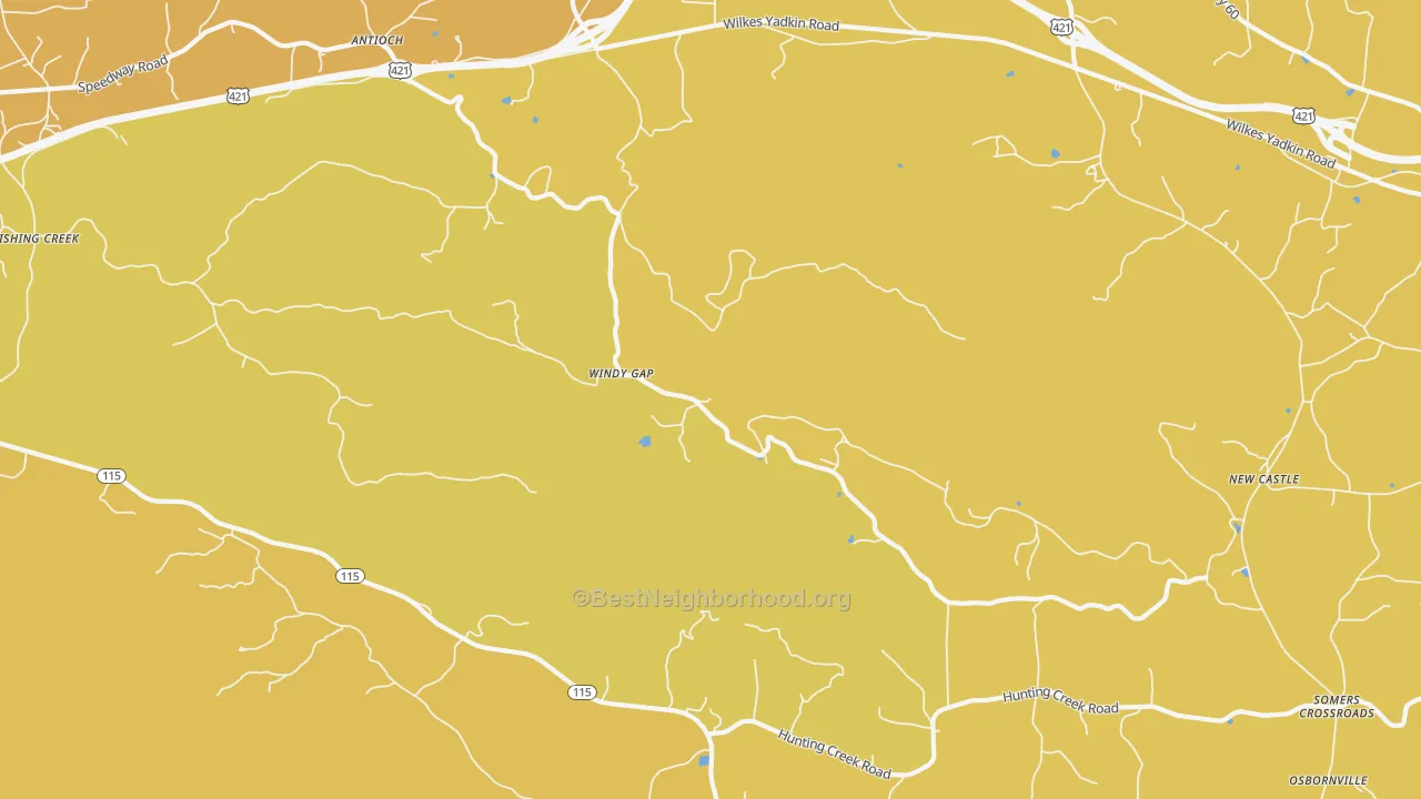 Map of the best neighborhoods in the Windy Gap area, with better matches in green and worse matches in red