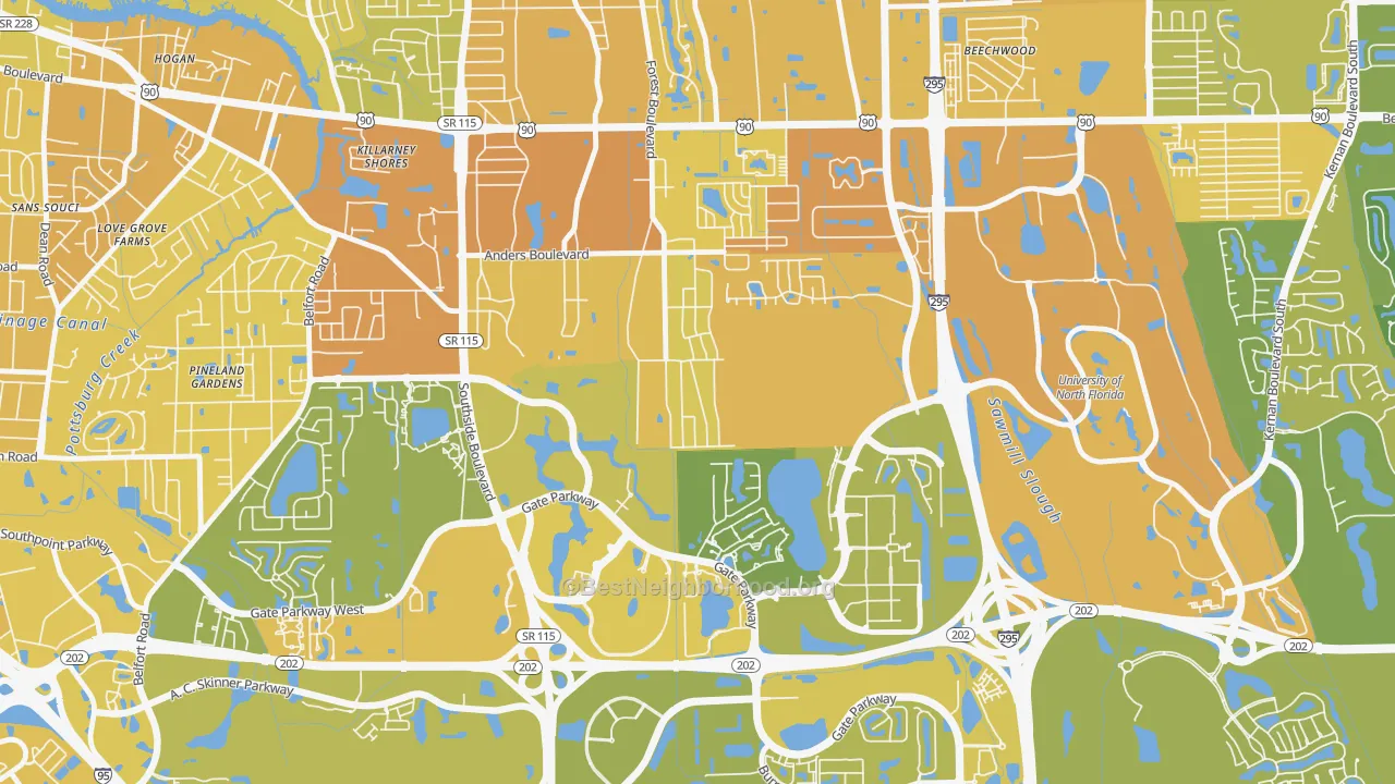 Map of the best neighborhoods in the Windy Hill, Jacksonville area, with better matches in green and worse matches in red