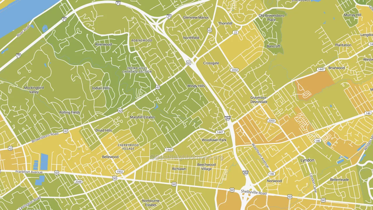 Map of the best neighborhoods in the Windy Hills area, with better matches in green and worse matches in red