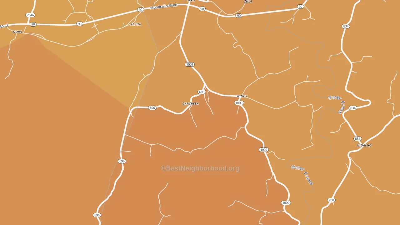 Map of the best neighborhoods in the Windy area, with better matches in green and worse matches in red