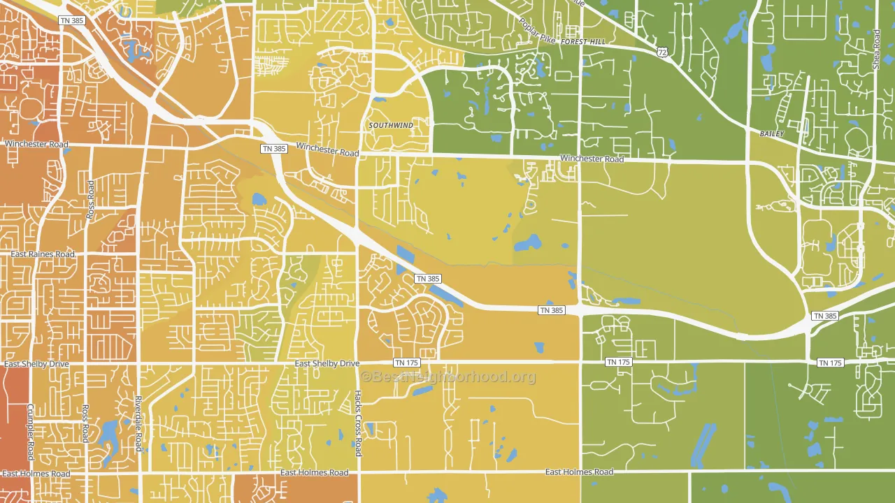 Map of the best neighborhoods in the Windyke-Southwind, Memphis area, with better matches in green and worse matches in red
