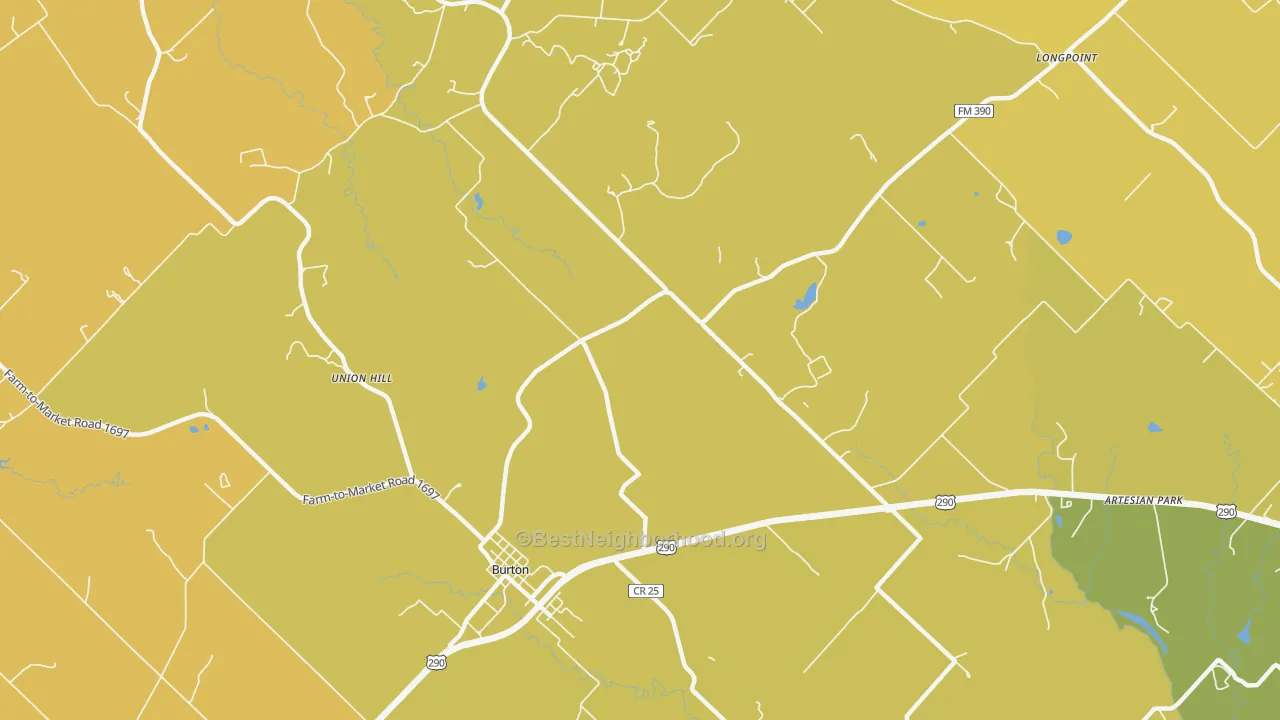 Map of the best neighborhoods in the Winedale area, with better matches in green and worse matches in red