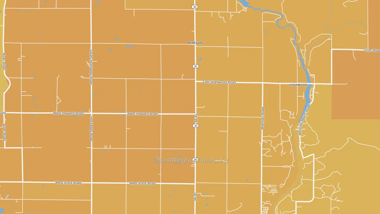 Map of the best neighborhoods in the Winegars area, with better matches in green and worse matches in red