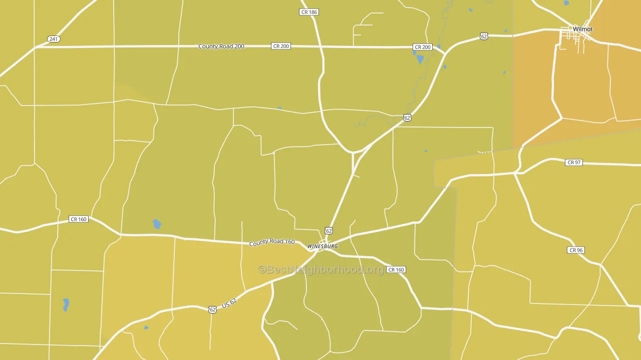 Map of the best neighborhoods in the Winesburg area, with better matches in green and worse matches in red