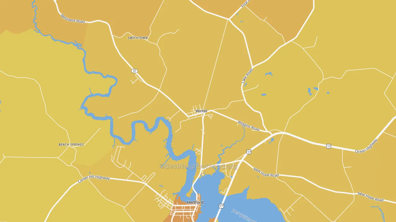 Map of the best neighborhoods in the Winfall area, with better matches in green and worse matches in red