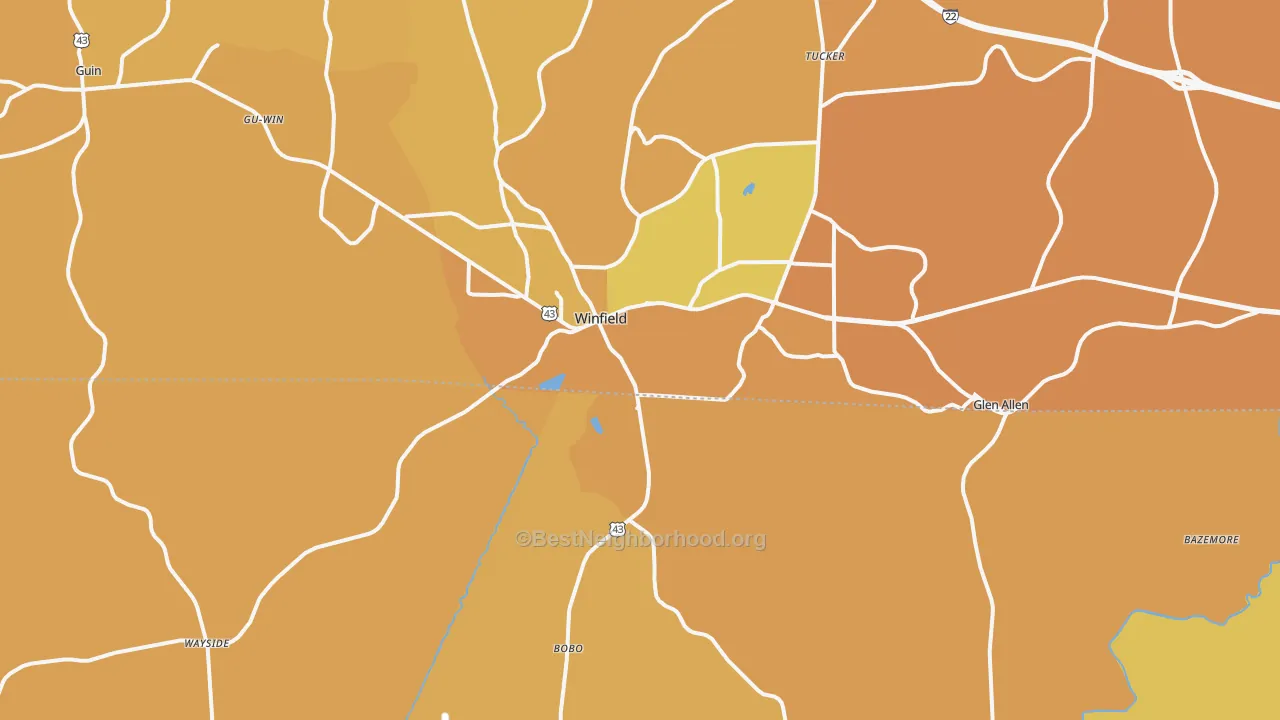Map of the best neighborhoods in the Winfield area, with better matches in green and worse matches in red