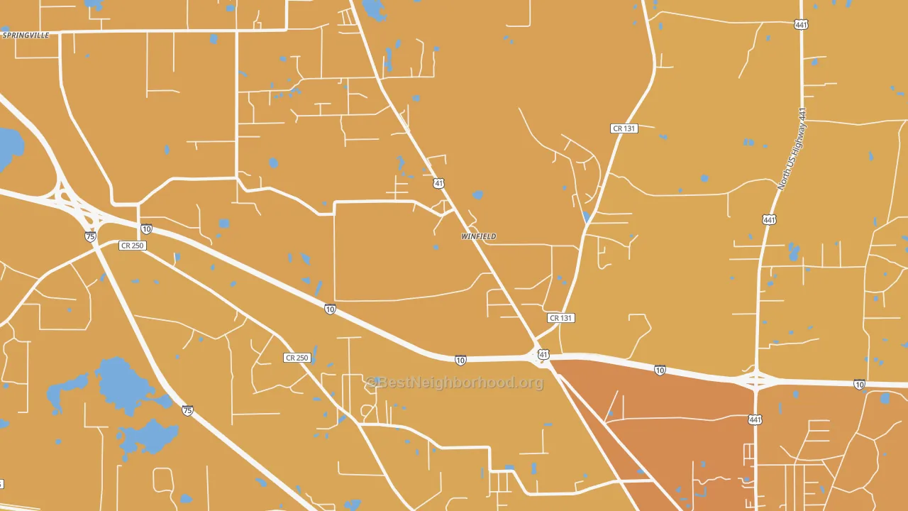Map of the best neighborhoods in the Winfield area, with better matches in green and worse matches in red