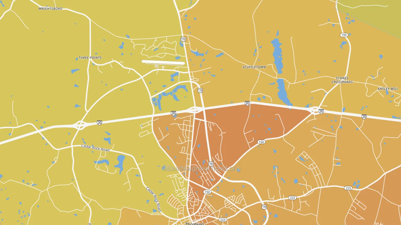 Map of the best neighborhoods in the Winfield area, with better matches in green and worse matches in red
