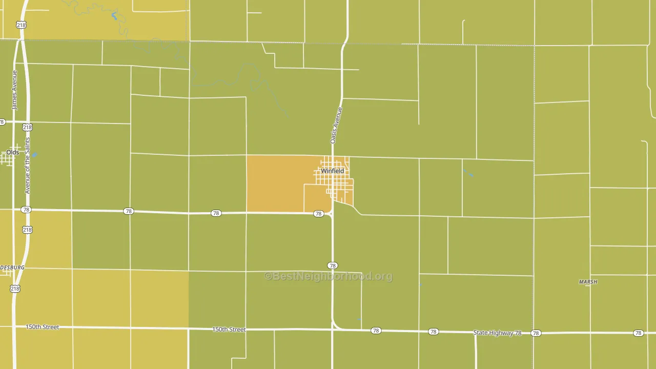 Map of the best neighborhoods in the Winfield area, with better matches in green and worse matches in red