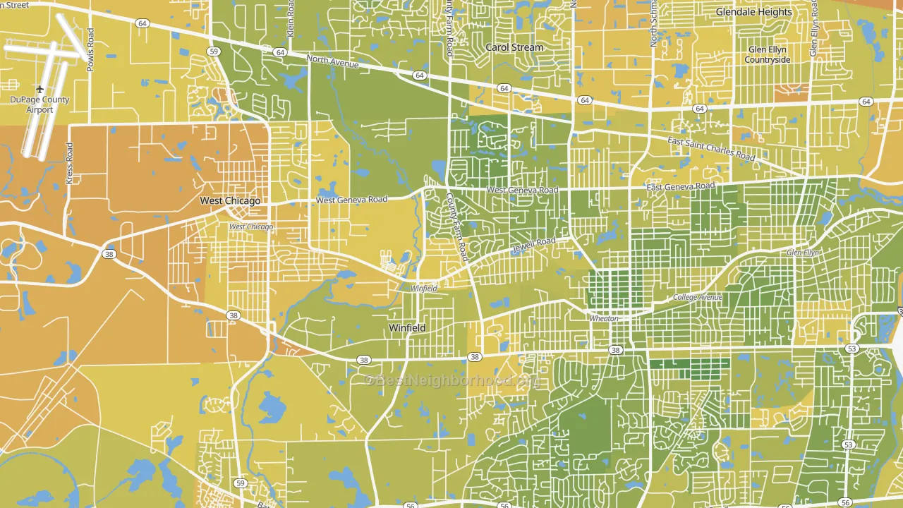 Map of the best neighborhoods in the Winfield area, with better matches in green and worse matches in red