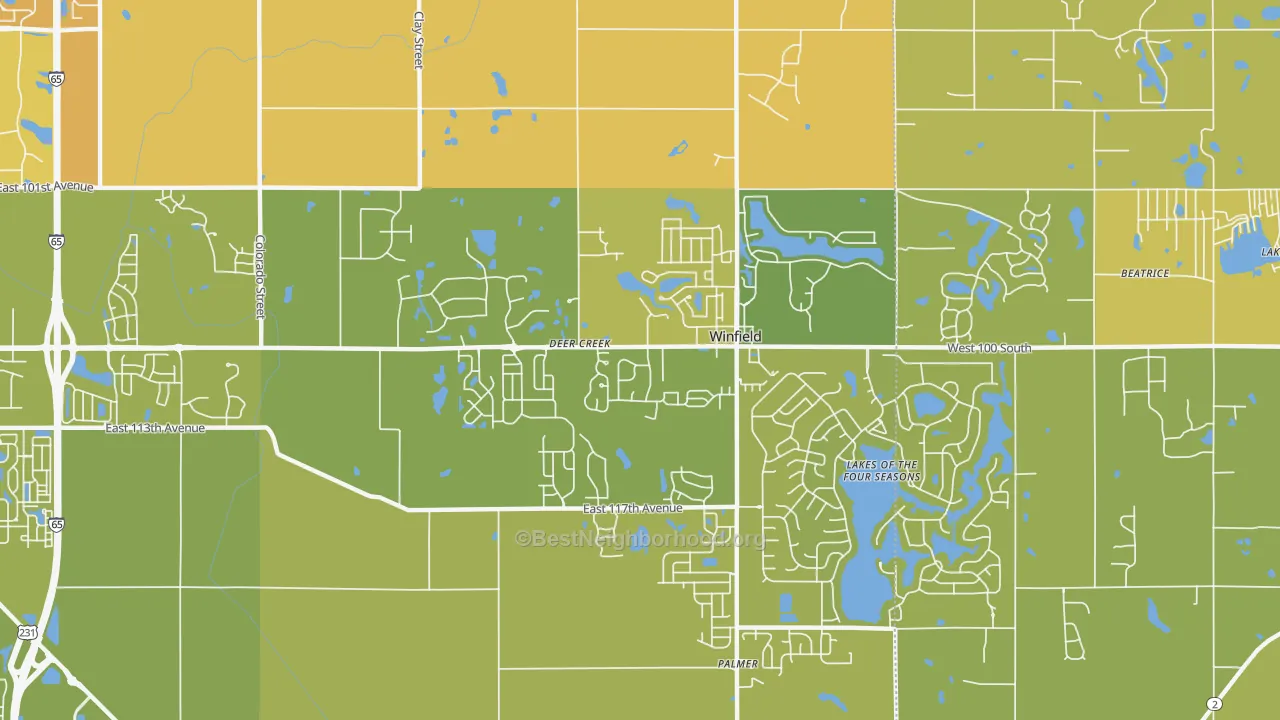 Map of the best neighborhoods in the Winfield area, with better matches in green and worse matches in red