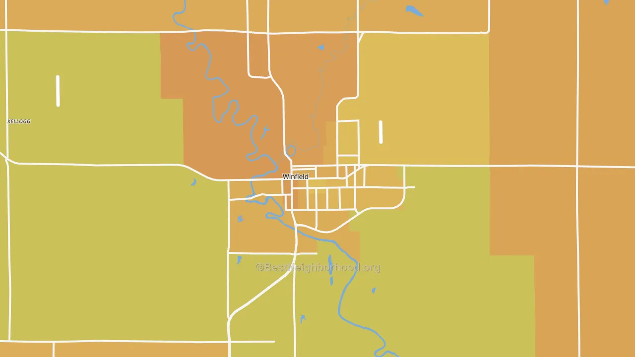 Map of the best neighborhoods in the Winfield area, with better matches in green and worse matches in red