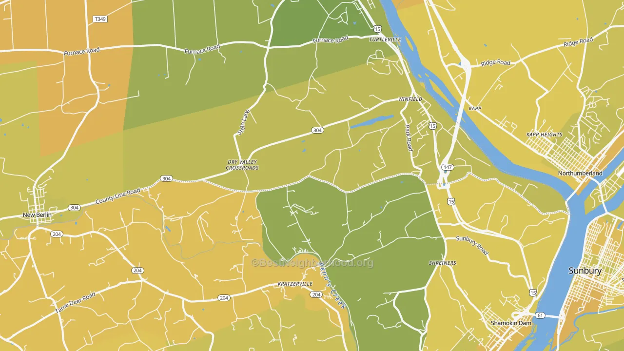 Map of the best neighborhoods in the Winfield area, with better matches in green and worse matches in red