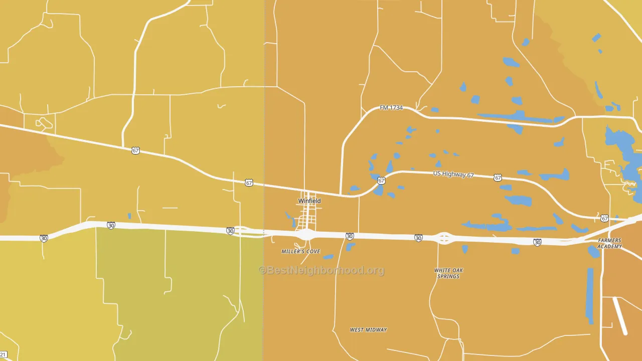 Map of the best neighborhoods in the Winfield area, with better matches in green and worse matches in red