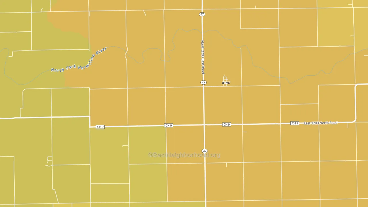 Map of the best neighborhoods in the Wing area, with better matches in green and worse matches in red