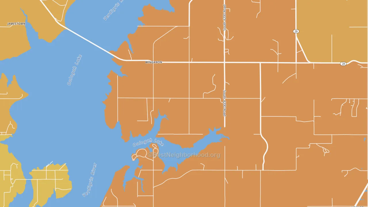 Map of the best neighborhoods in the Winganon area, with better matches in green and worse matches in red