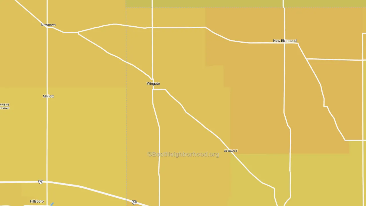 Map of the best neighborhoods in the Wingate area, with better matches in green and worse matches in red