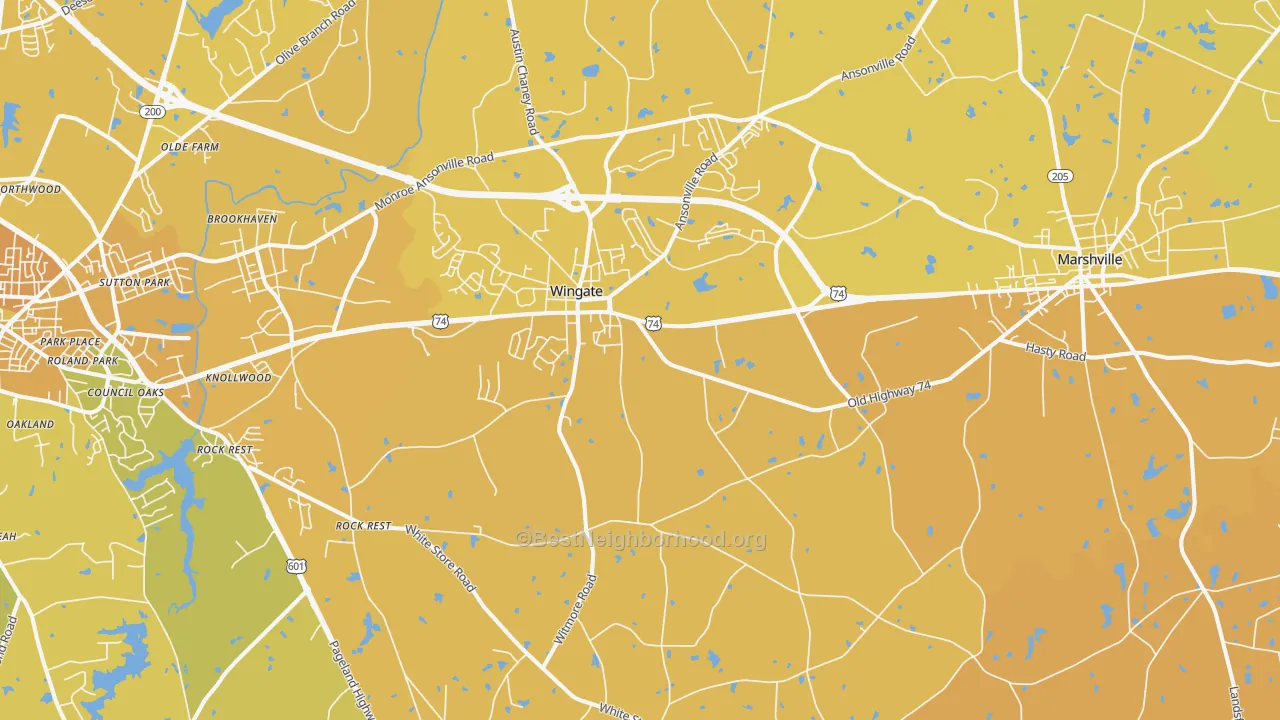Map of the best neighborhoods in the Wingate area, with better matches in green and worse matches in red