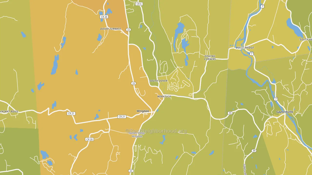 Map of the best neighborhoods in the Wingdale area, with better matches in green and worse matches in red