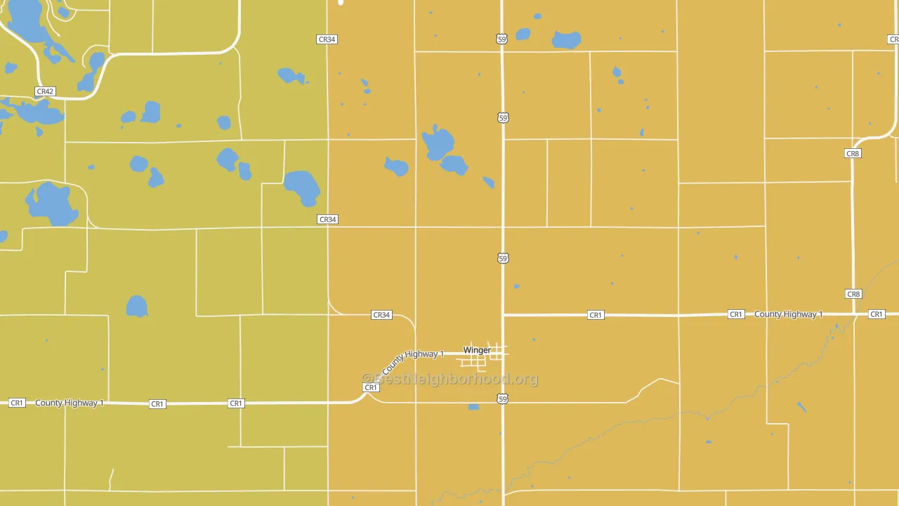 Map of the best neighborhoods in the Winger area, with better matches in green and worse matches in red
