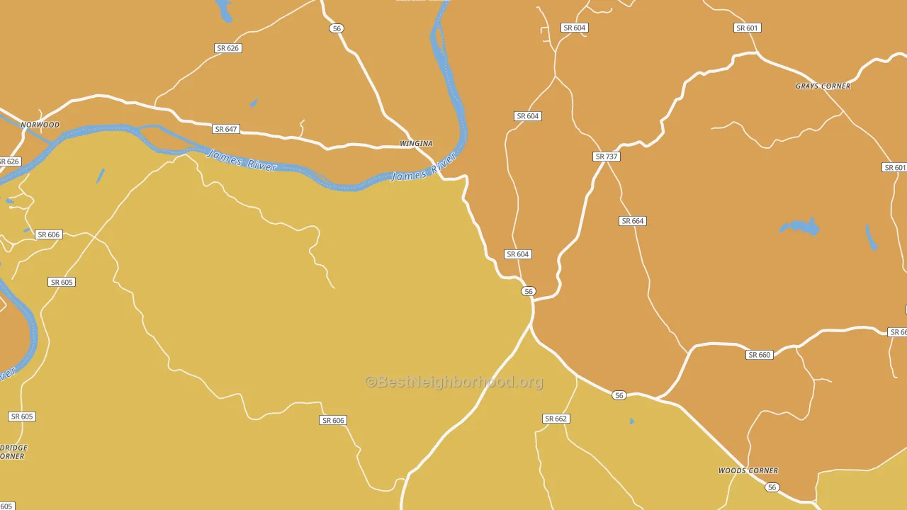Map of the best neighborhoods in the Wingina area, with better matches in green and worse matches in red