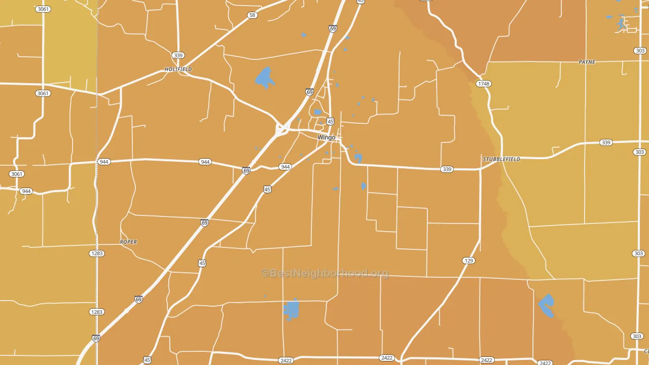 Map of the best neighborhoods in the Wingo area, with better matches in green and worse matches in red