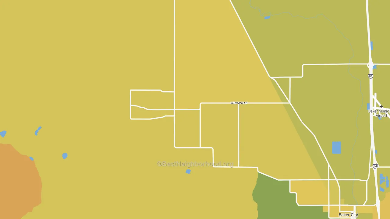 Map of the best neighborhoods in the Wingville area, with better matches in green and worse matches in red