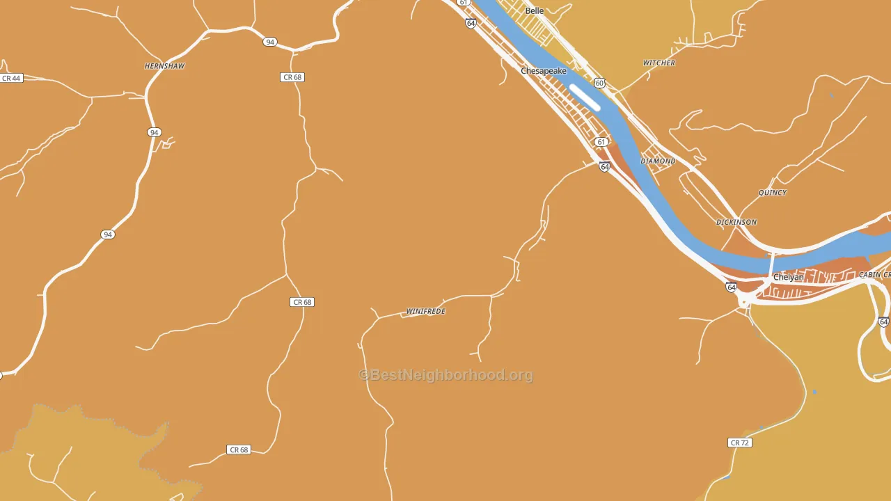 Map of the best neighborhoods in the Winifrede area, with better matches in green and worse matches in red