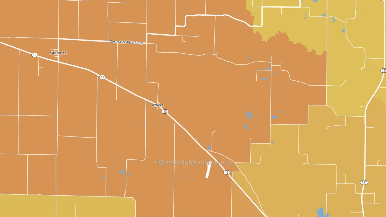 Map of the best neighborhoods in the Winkle area, with better matches in green and worse matches in red