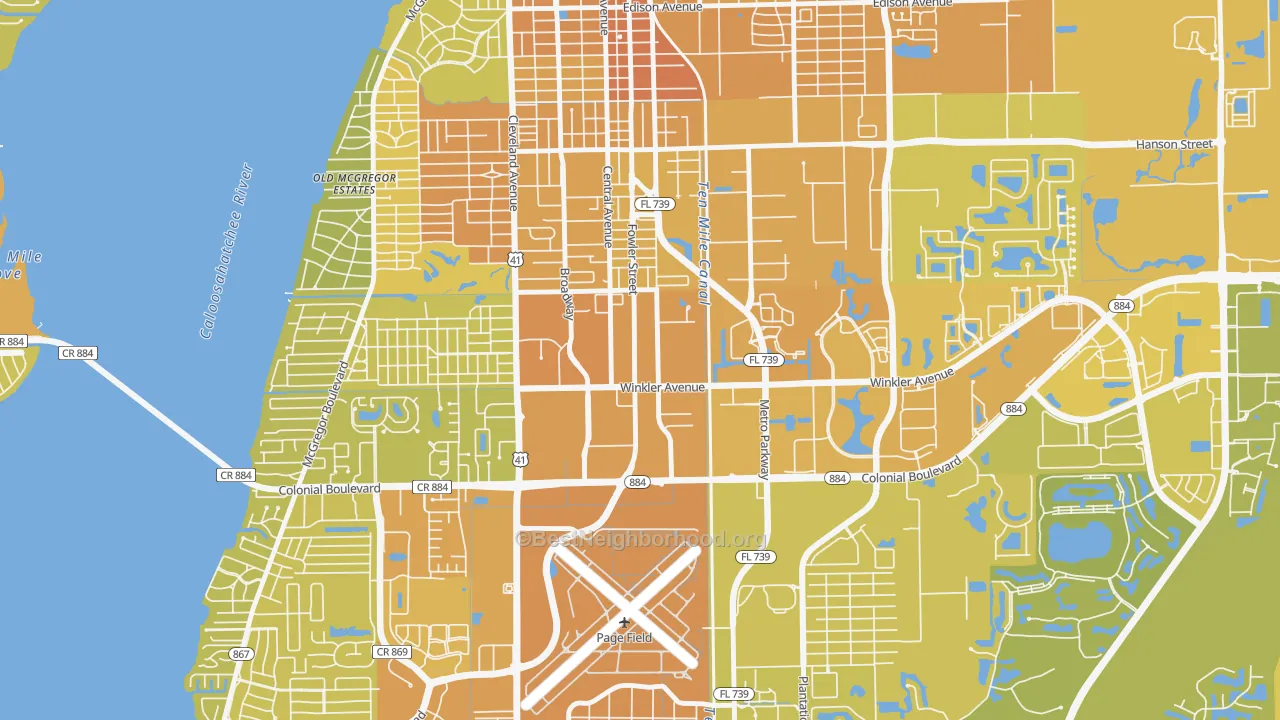 Map of the best neighborhoods in the Winkler Safe Neighborhood, Fort Myers area, with better matches in green and worse matches in red