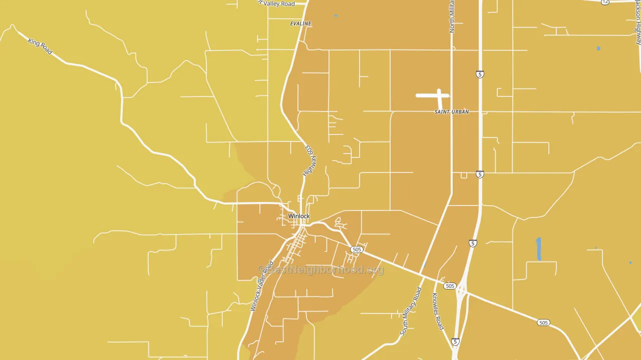 Map of the best neighborhoods in the Winlock area, with better matches in green and worse matches in red