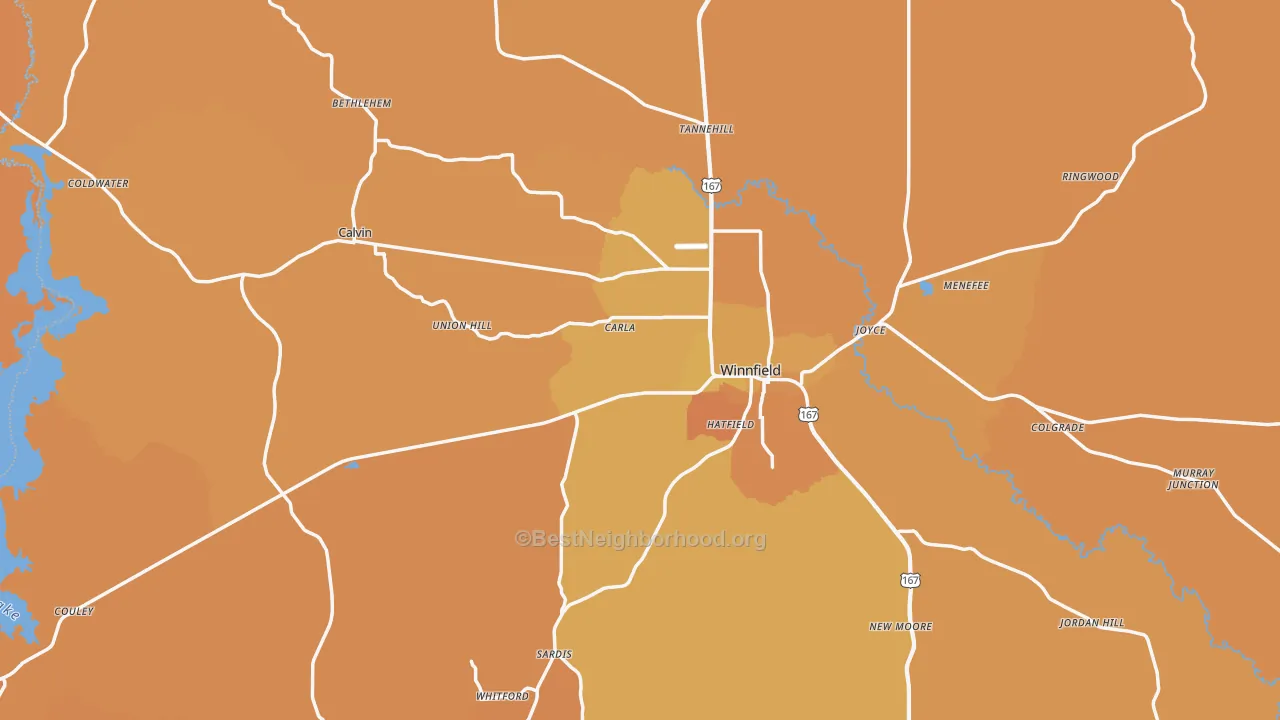 Map of the best neighborhoods in the Winn Parish area, with better matches in green and worse matches in red
