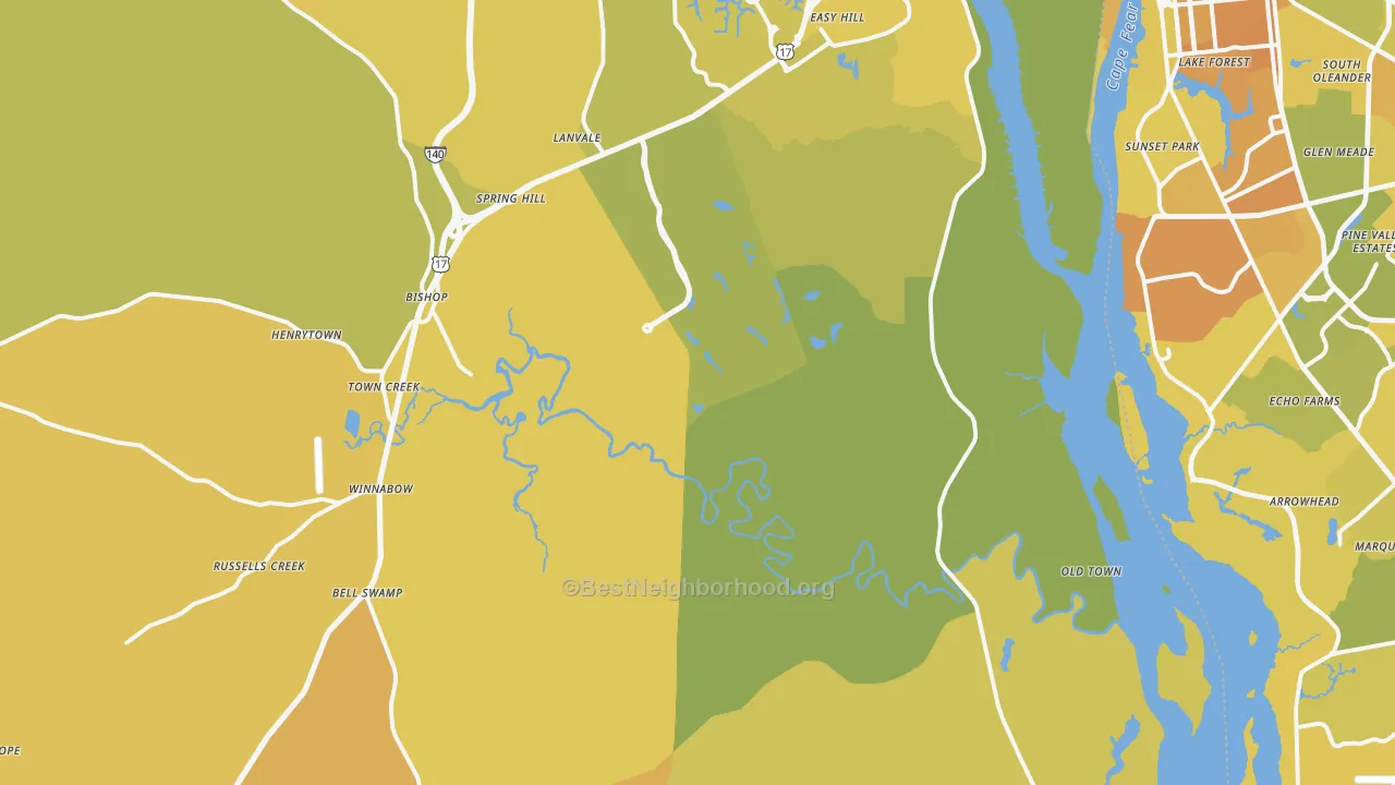 Map of the best neighborhoods in the Winnabow area, with better matches in green and worse matches in red