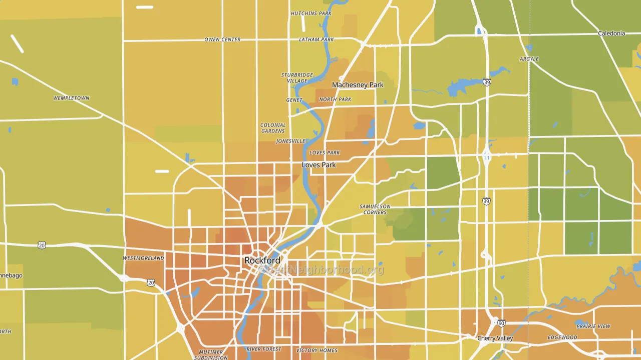 Map of the best neighborhoods in the Winnebago County area, with better matches in green and worse matches in red