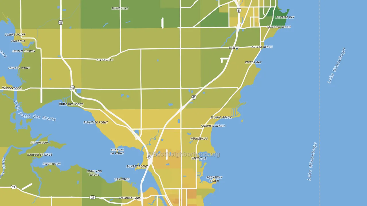 Map of the best neighborhoods in the Winnebago County area, with better matches in green and worse matches in red