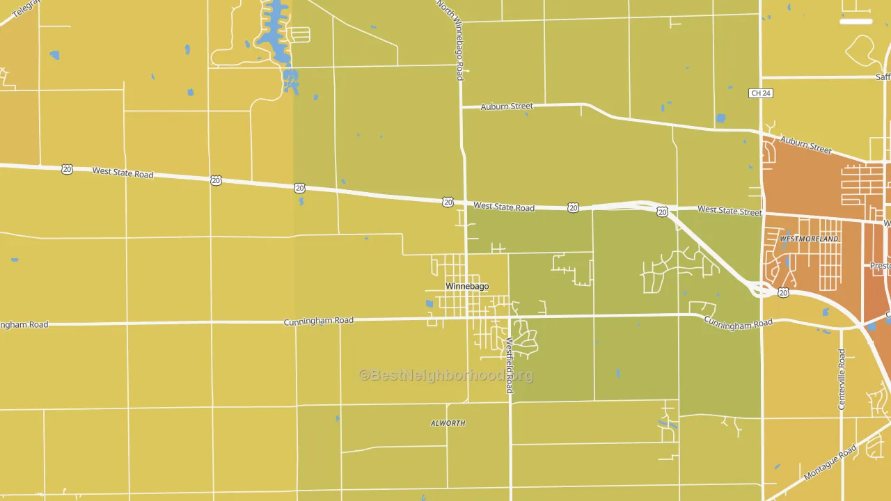 Map of the best neighborhoods in the Winnebago area, with better matches in green and worse matches in red