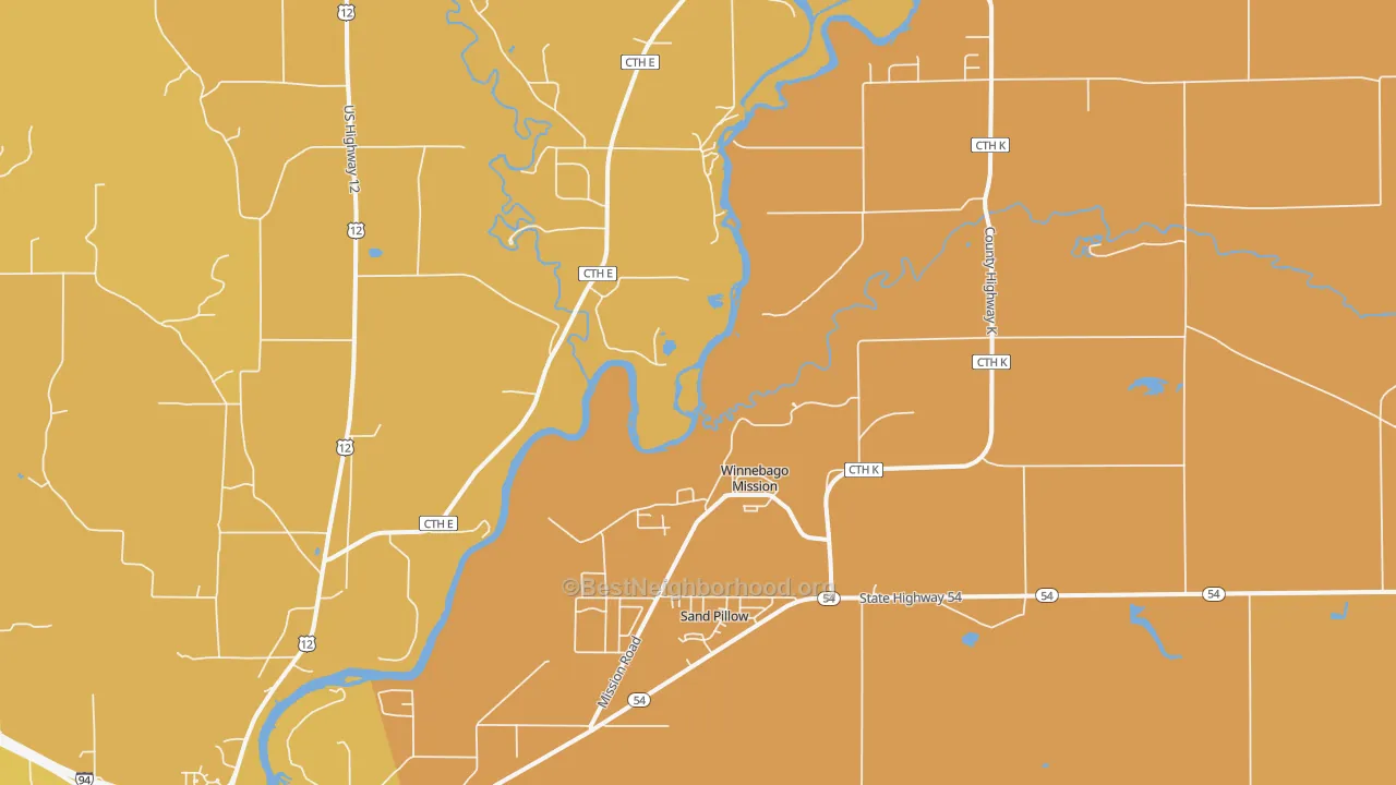 Map of the best neighborhoods in the Winnebago Mission area, with better matches in green and worse matches in red