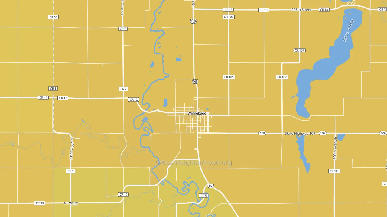 Map of the best neighborhoods in the Winnebago area, with better matches in green and worse matches in red