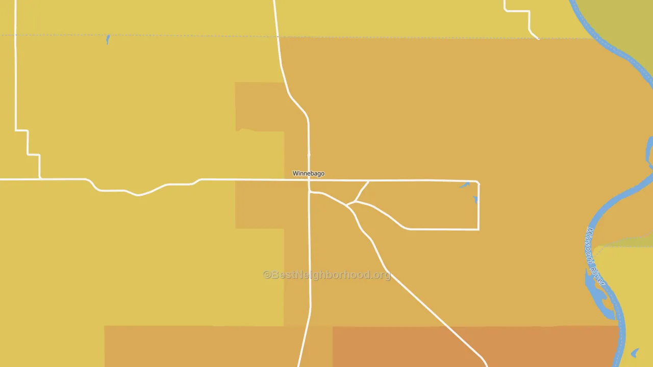 Map of the best neighborhoods in the Winnebago area, with better matches in green and worse matches in red