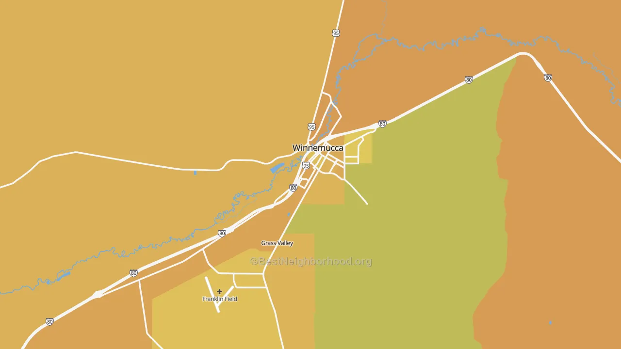 Map of the best neighborhoods in the Winnemucca area, with better matches in green and worse matches in red