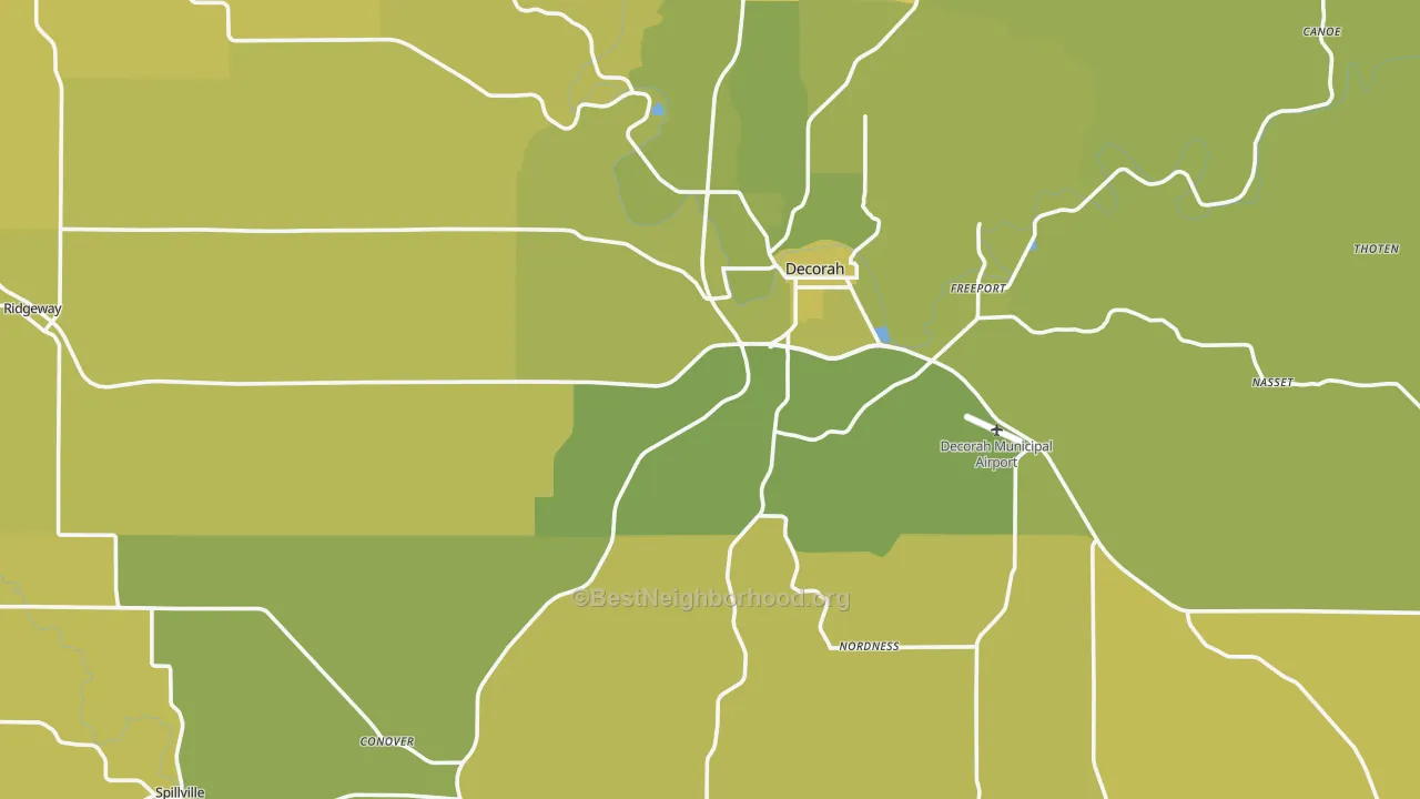 Map of the best neighborhoods in the Winneshiek County area, with better matches in green and worse matches in red