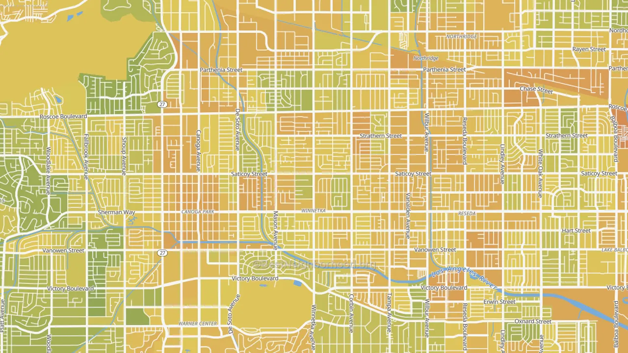 Map of the best neighborhoods in the Winnetka area, with better matches in green and worse matches in red
