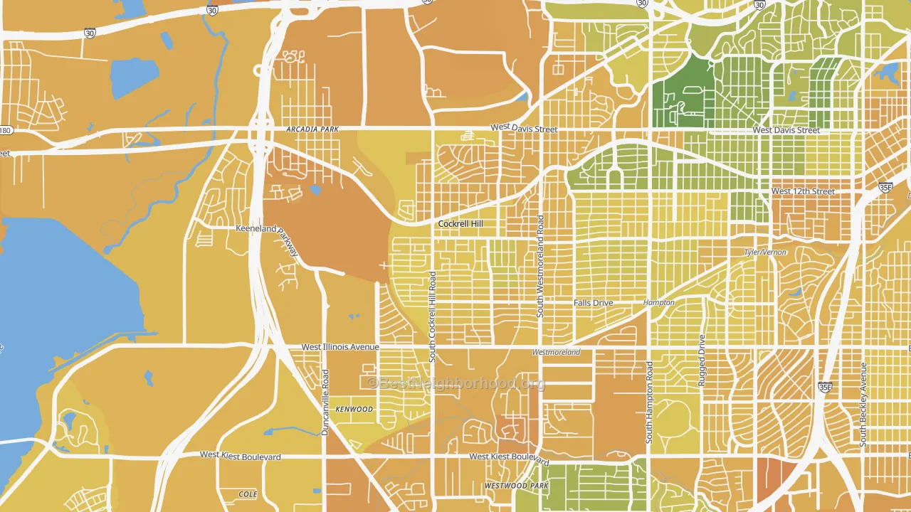 Map of the best neighborhoods in the Winnetka Heights, Dallas area, with better matches in green and worse matches in red