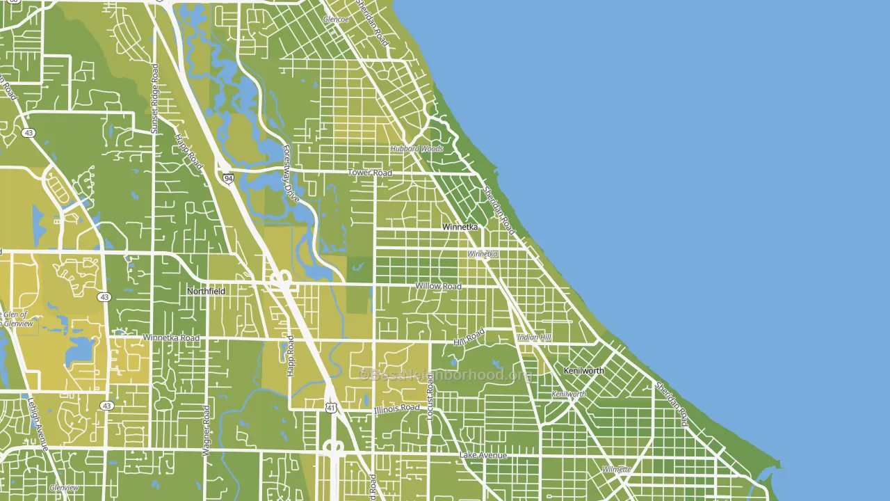 Map of the best neighborhoods in the Winnetka area, with better matches in green and worse matches in red