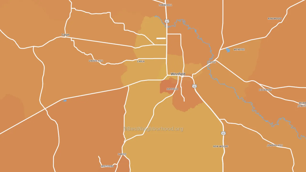 Map of the best neighborhoods in the Winnfield area, with better matches in green and worse matches in red